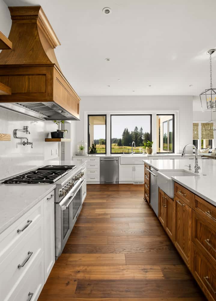 Sleek Parallel kitchen design with rustic wooden accents and a view of the outdoors