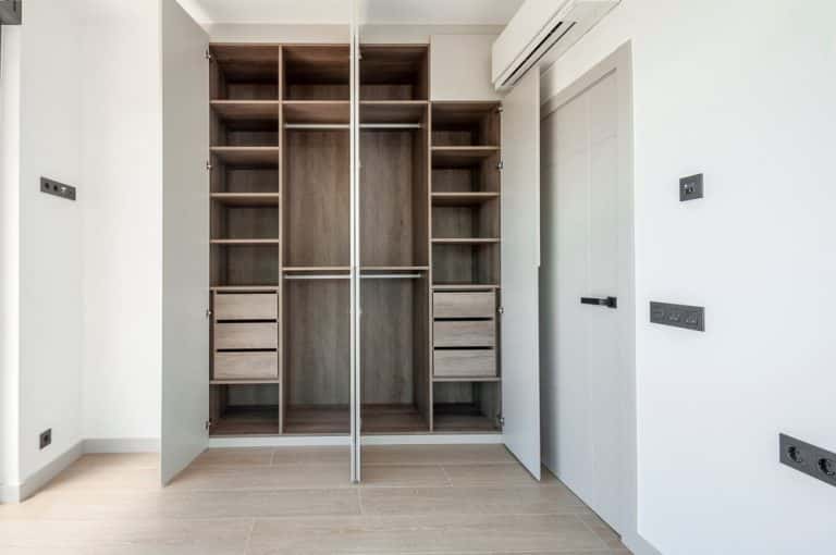 Minimalist Wardrobe Dimensions layout with open shelves and drawers