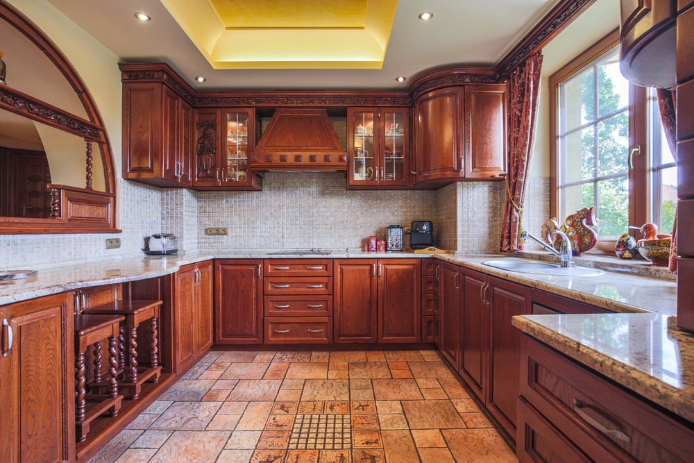 Chic wood for modular kitchen with vintage backsplash and warm lighting