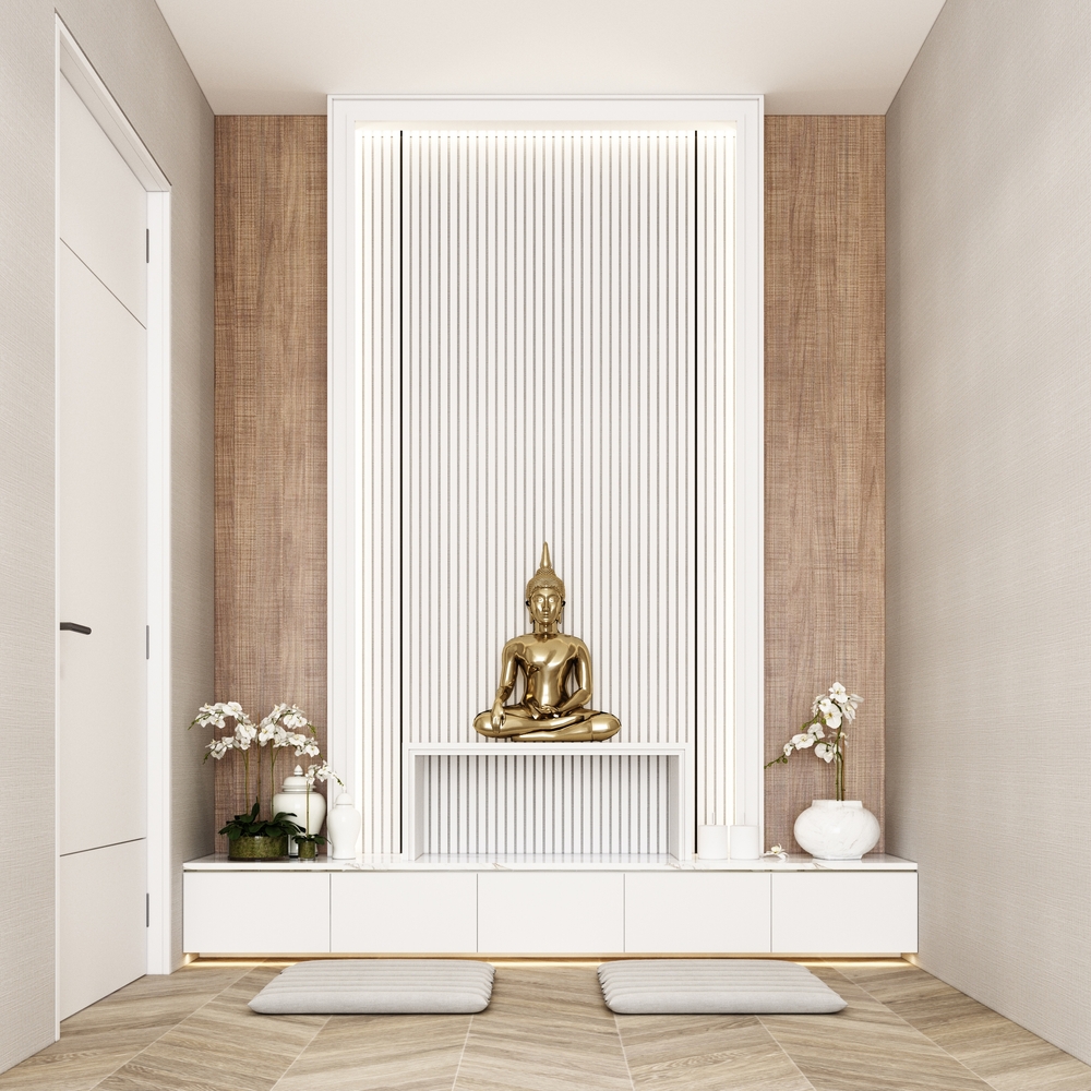 Elegant Buddha Placement in Home vastu with serene white and gold decor