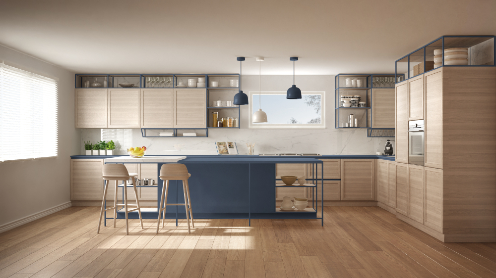 Minimalist PVC vs Wood kitchen layout with sleek dual-material finish