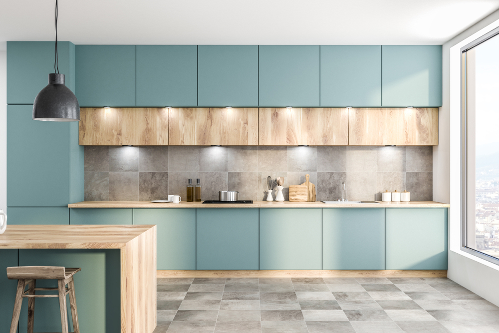 Light teal and wood kitchen