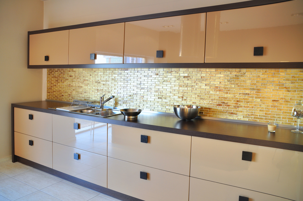 Beige lacquer glass finish cabinets