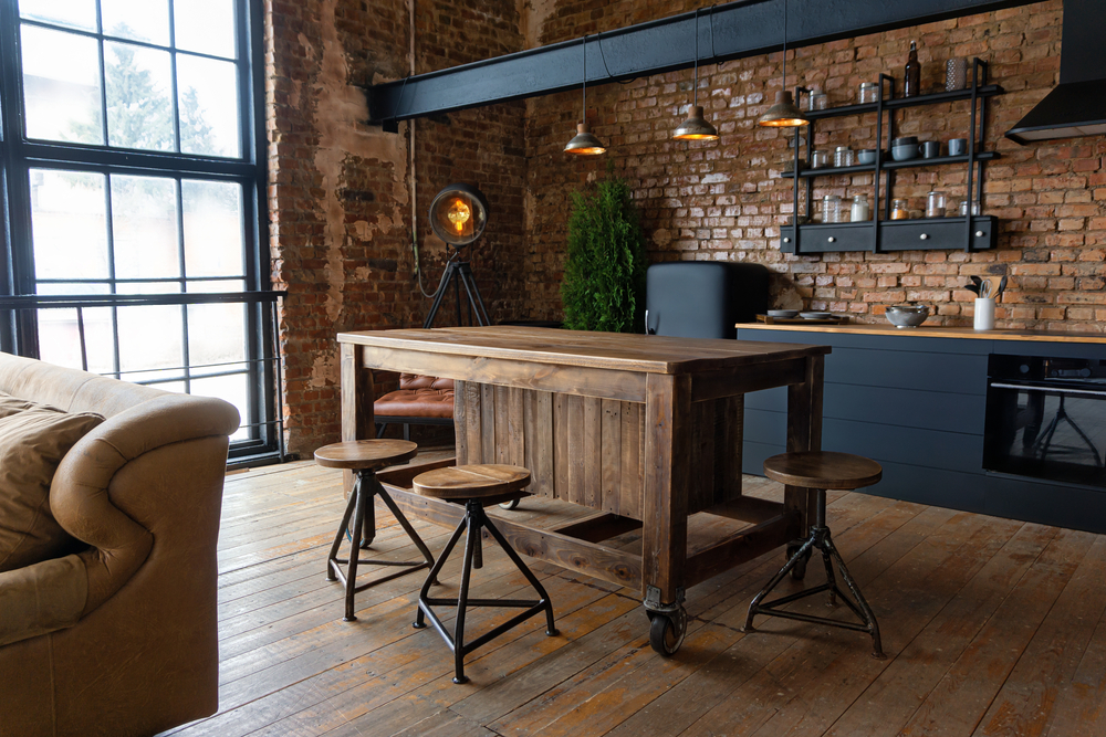 burnt brick and black kitchen