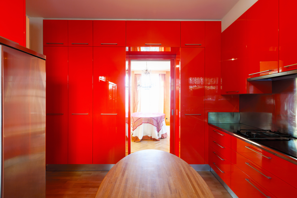 Red lacquered glass finish cabinets 