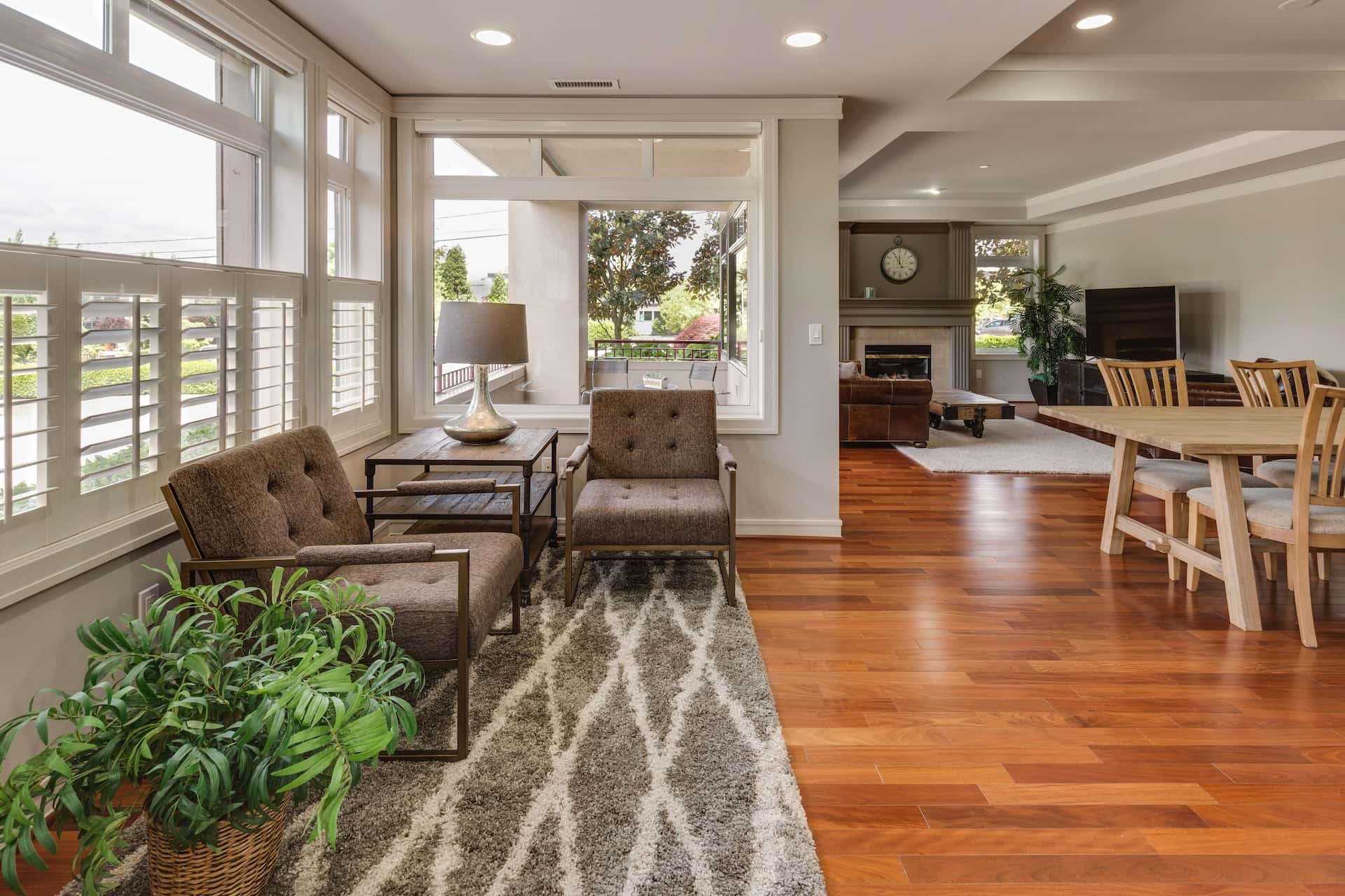 Warm-toned lobby interior design with natural lighting and modern wood accents