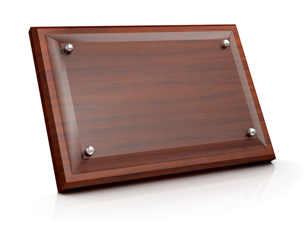 glass name plate with polished wooden back