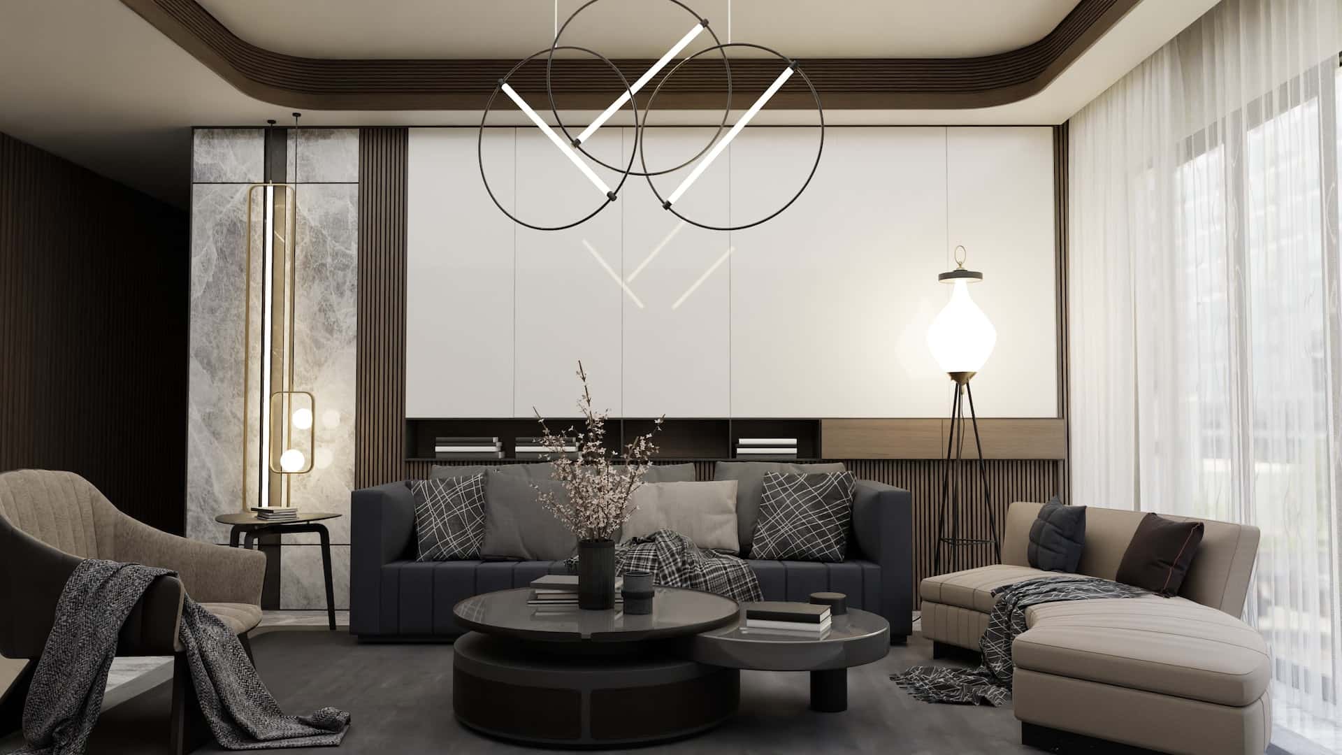 Luxury lobby interior design with modern lighting, neutral tones, and sleek finishes