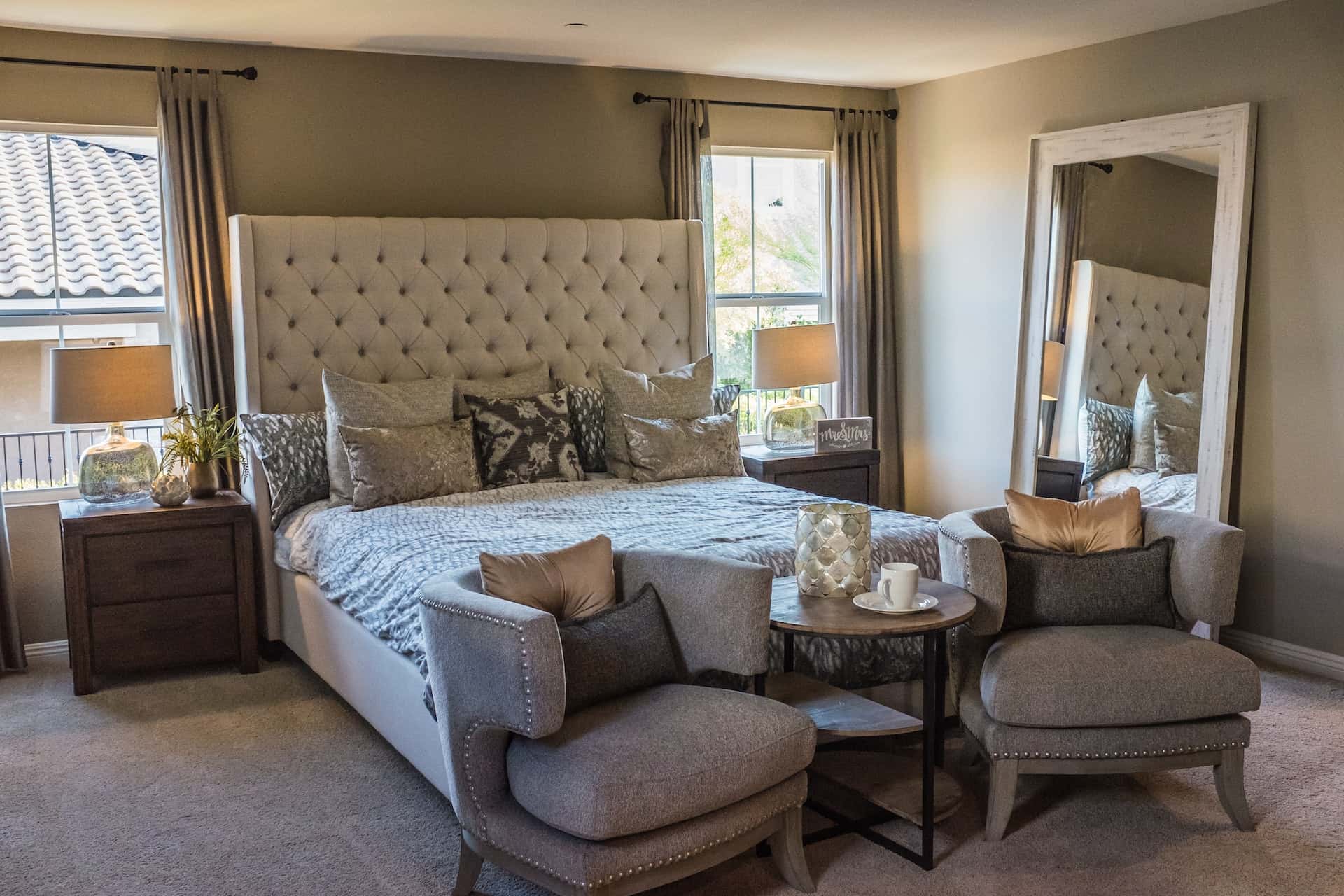 low bed with a tall headboard