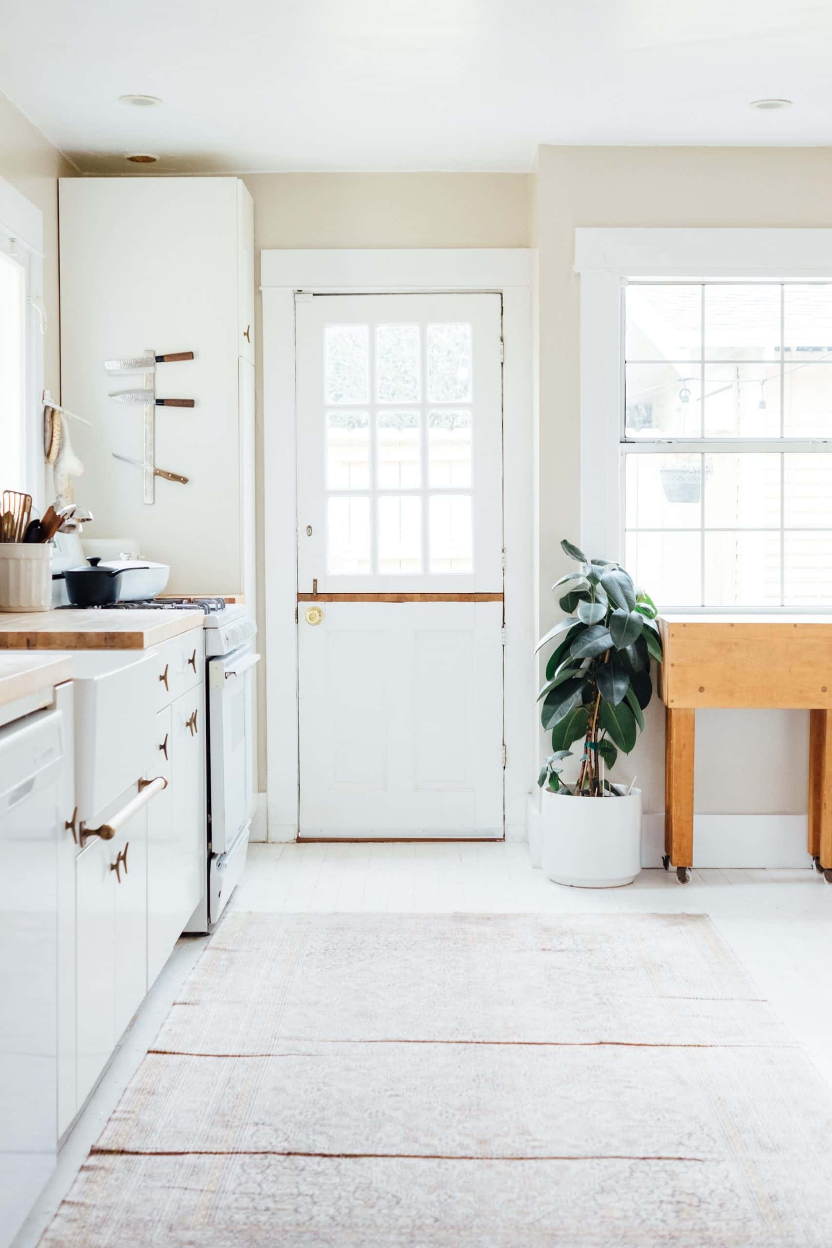 Minimalist kitchen door designs with white wood and glass panels for bright interiors