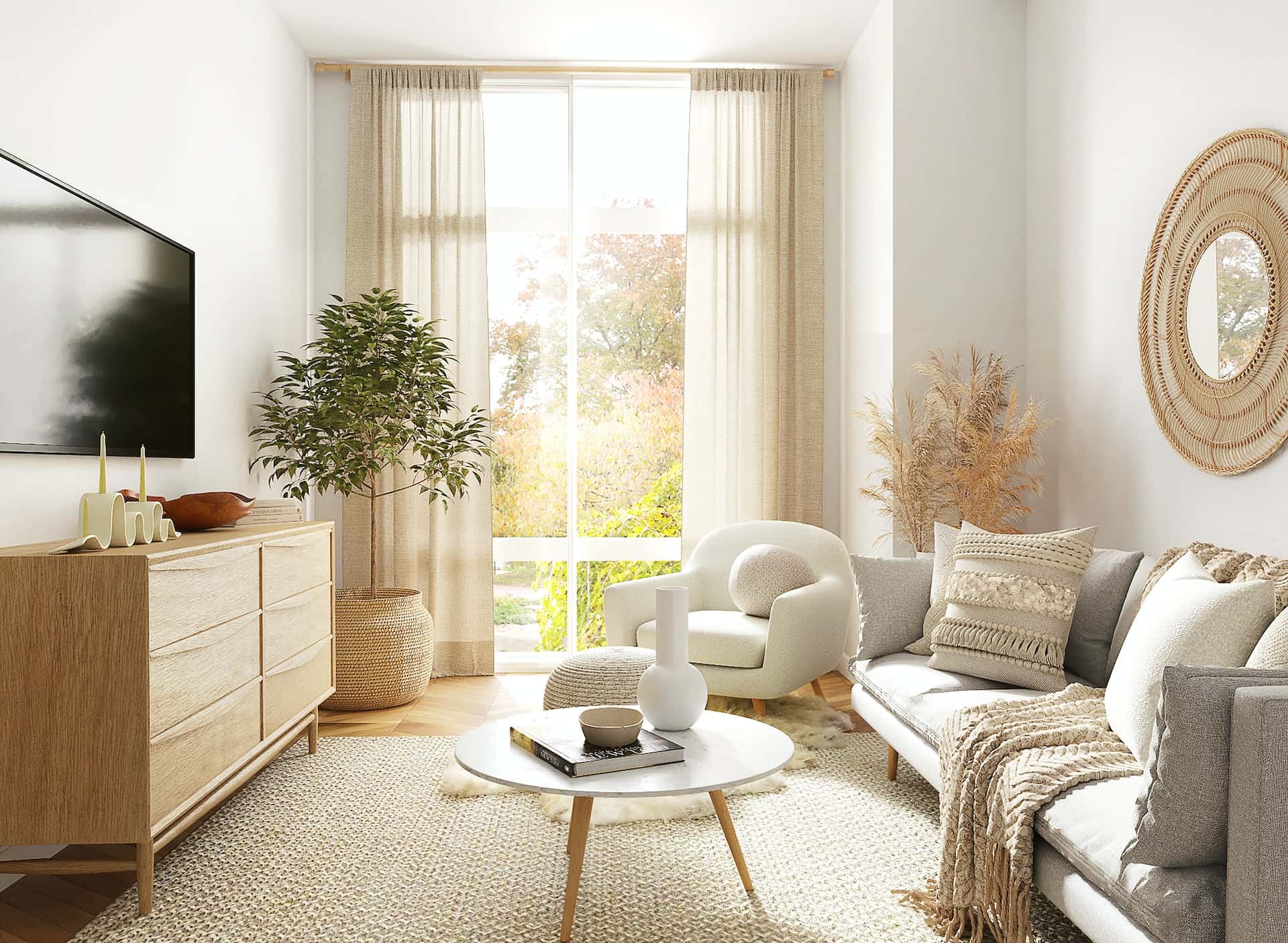 Scandinavian lobby interior design with natural tones and cozy soft furnishings