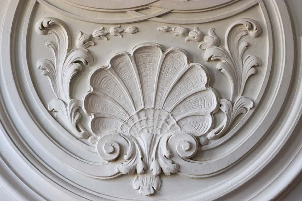 Ornate cement ceiling design featuring carved shell motif and curved floral accents