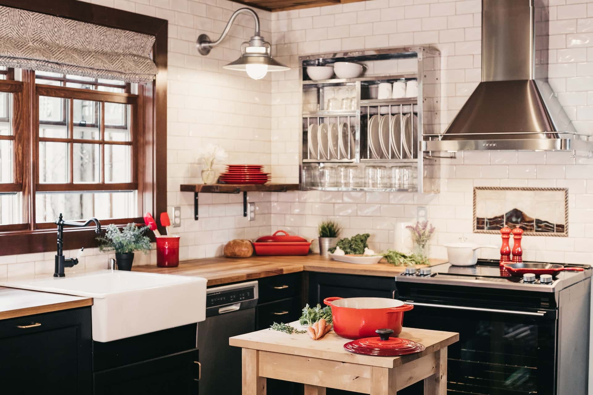 Rustic kitchen entrance design with white tiles and red accents