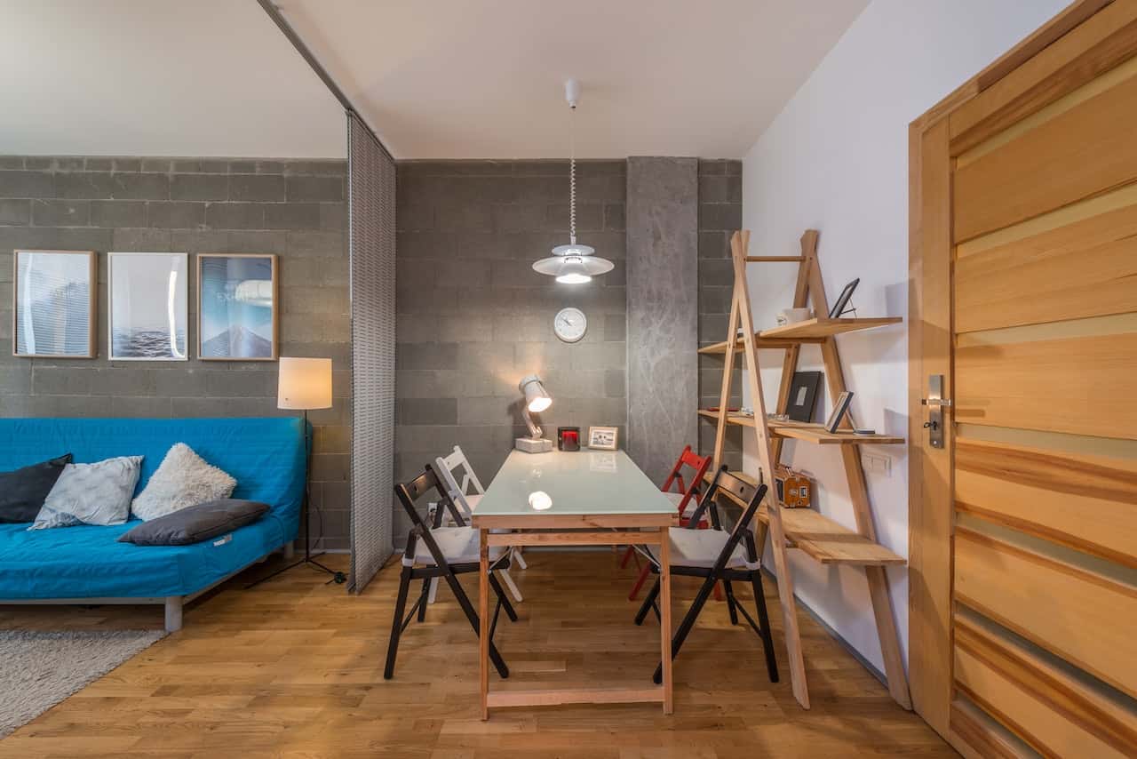 Stylish flush door designs with wooden finish in a cozy modern living room