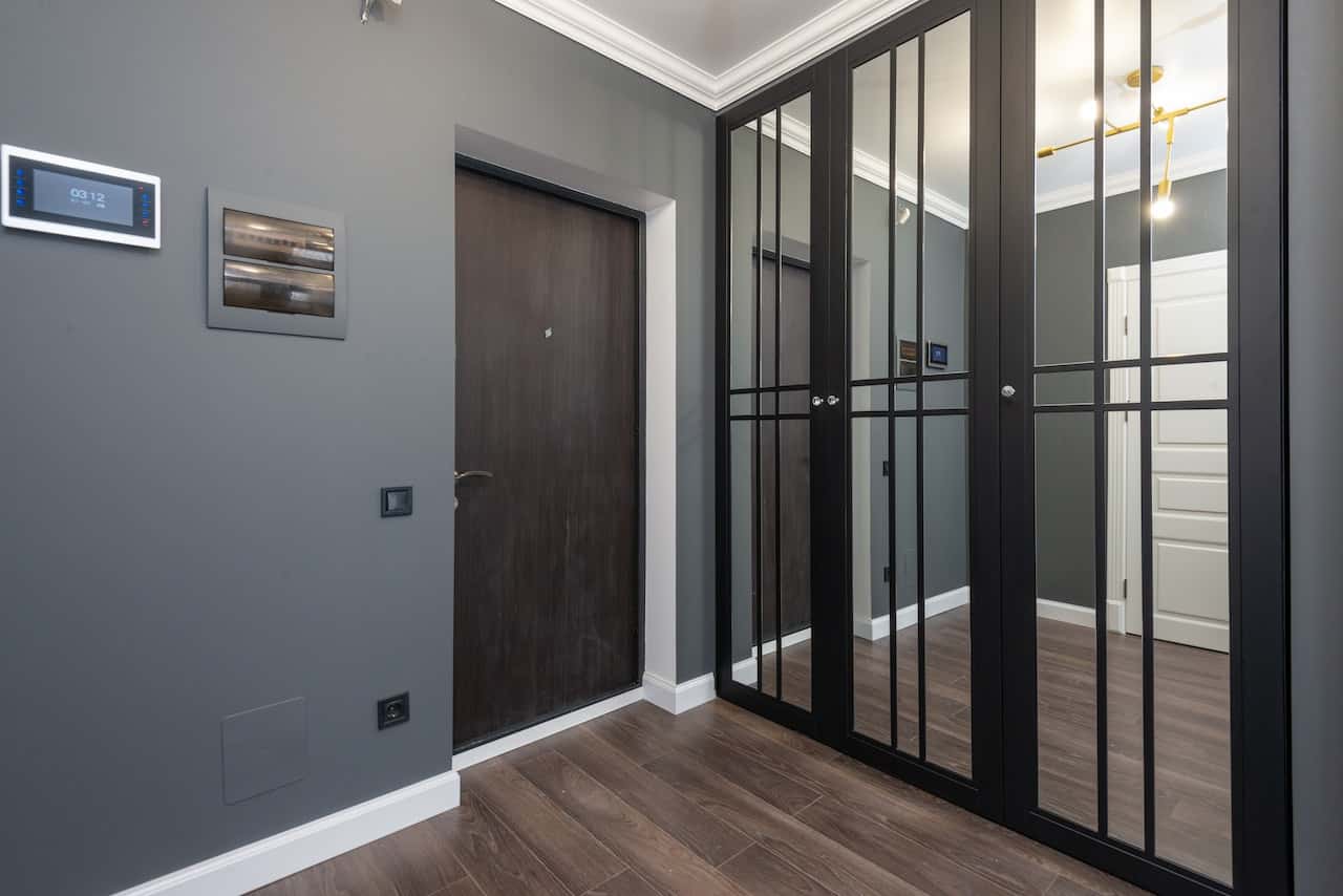 Dark wooden flush door designs paired with mirrored wardrobe in modern entryway
