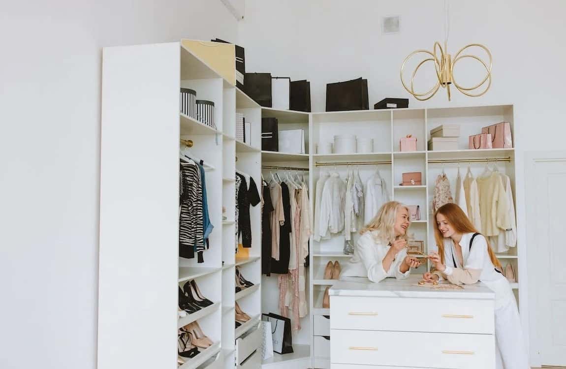 Elegant walk-in closet with organized shelves and a stylish central island