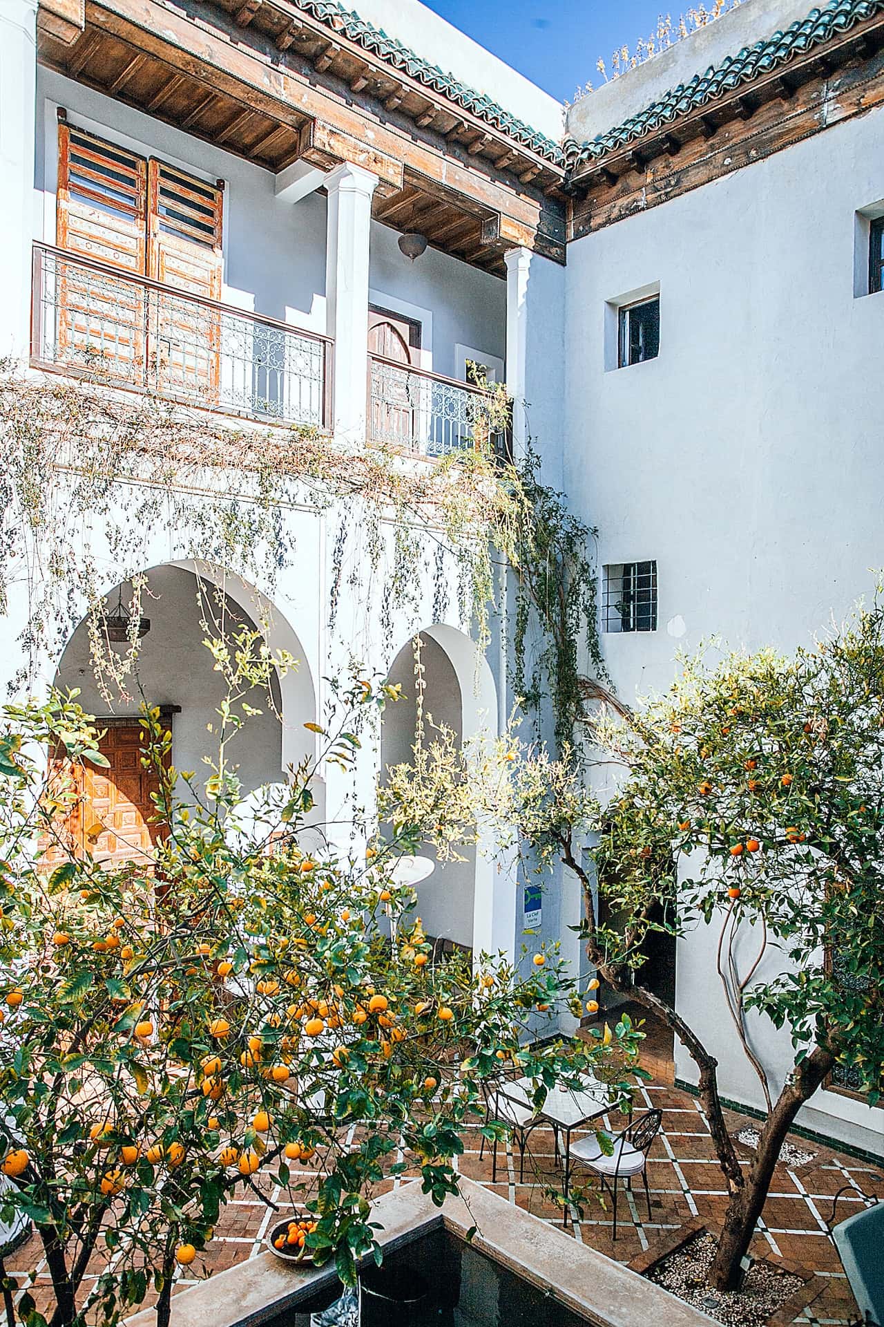 Moroccan-inspired modern courtyard design with citrus trees and white arches