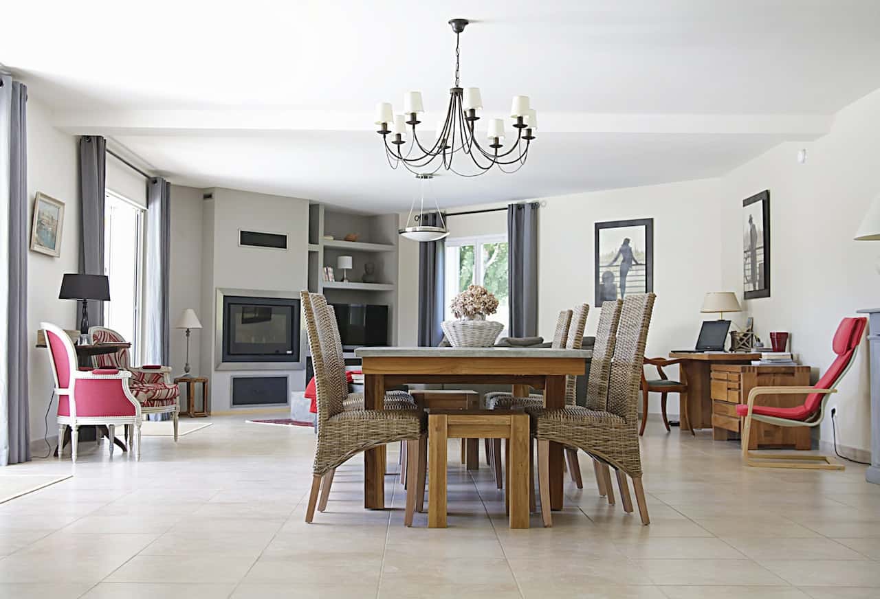 monochromatic vaulted ceiling