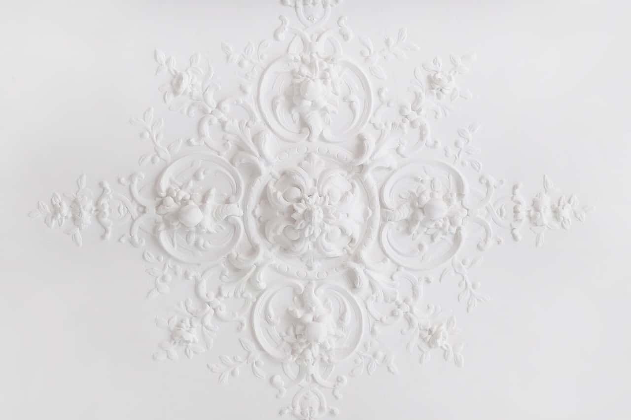 Intricate pop design for porch featuring floral ceiling medallion in white finish