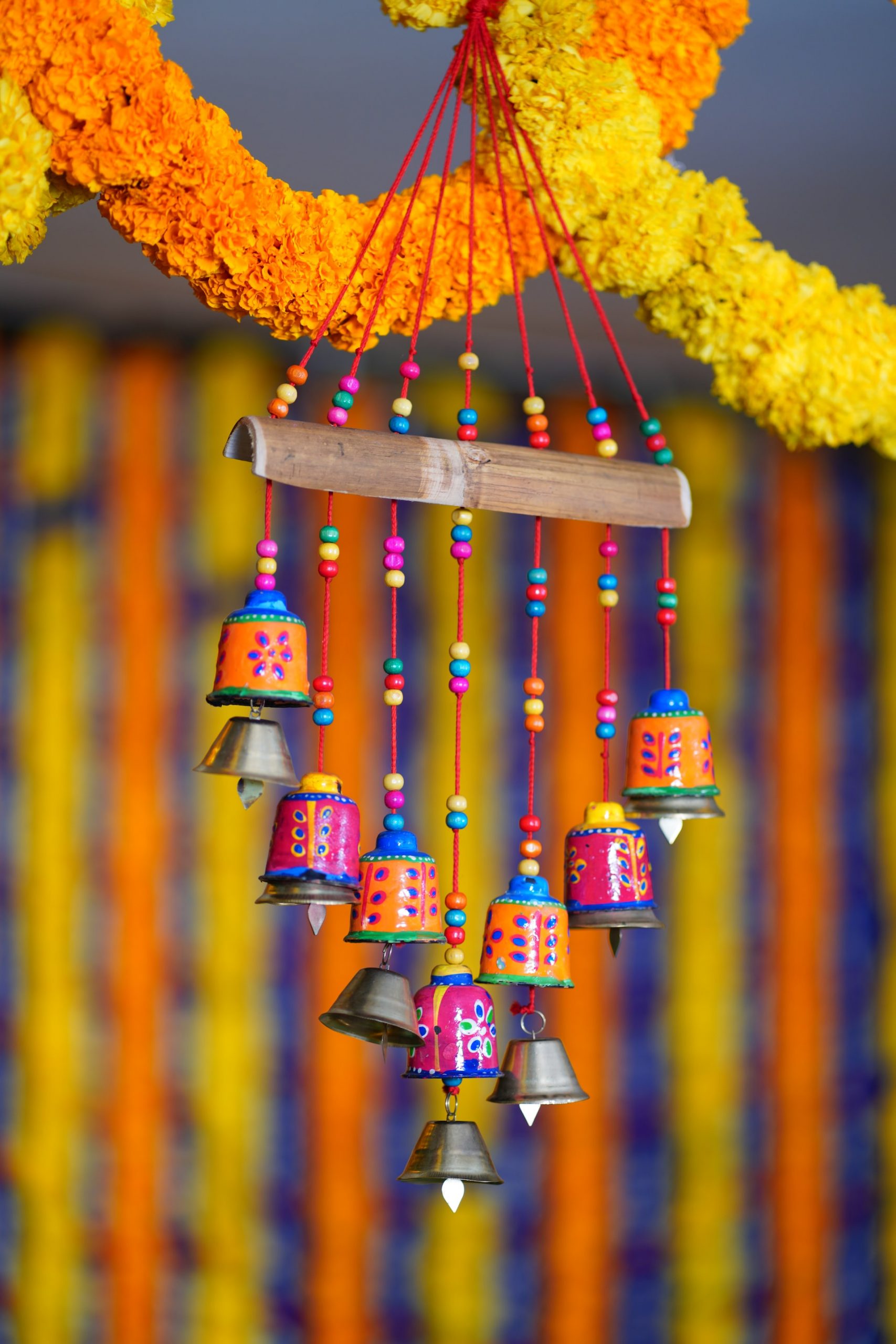 Colorful festive wind chimes vastu piece with bells for joy and good fortune
