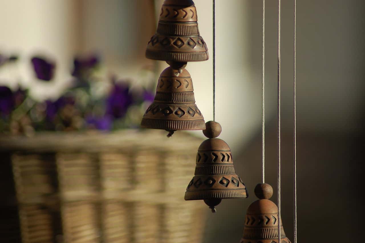 Decorative terracotta bells as wind chimes vastu symbol for peace and harmony