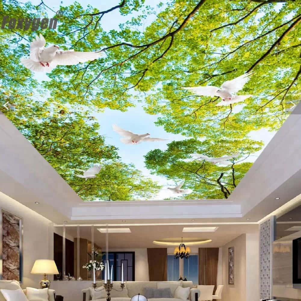 Modern glass ceiling design with 3D nature view and flying white doves