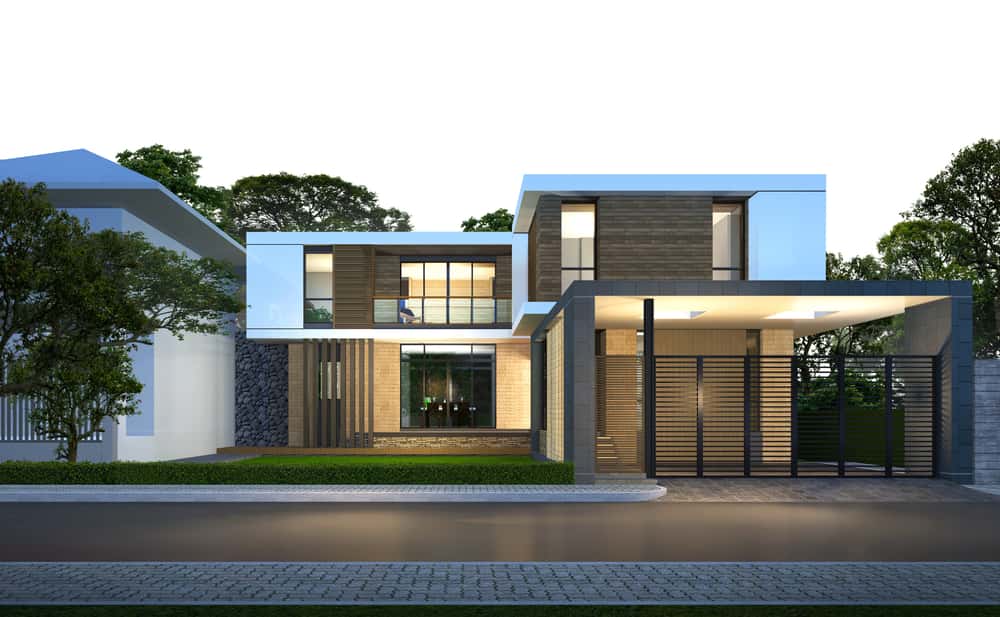 Contemporary elevation glass designs with wood cladding and large upper-floor windows