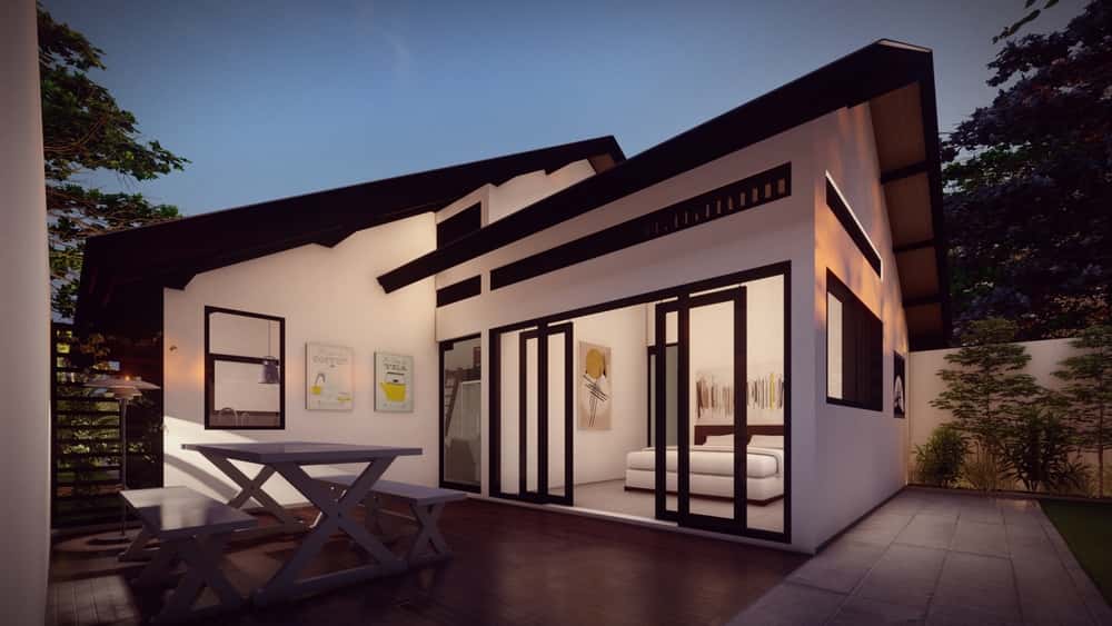 Compact elevation glass designs with sliding doors and angled roof for small homes