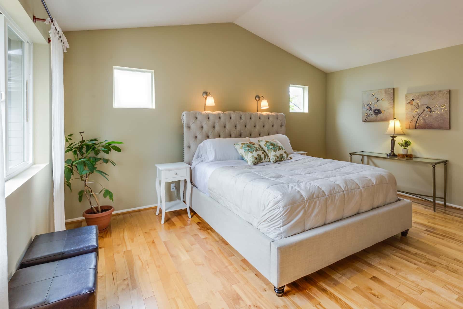 bedroom with mint green and white color paint