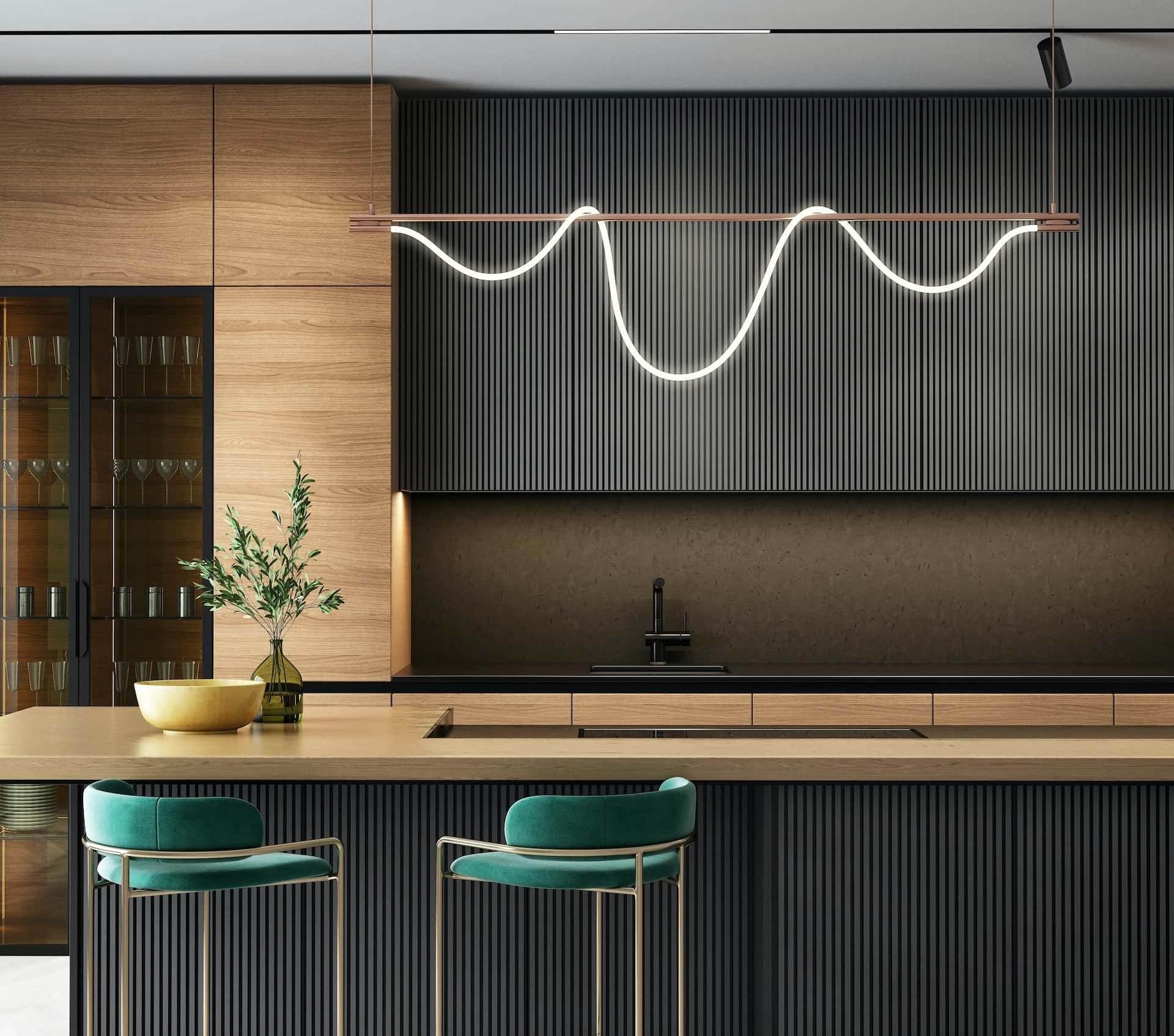 Elegant sleek kitchen modular designs with wood cabinetry bold lighting and modern seating