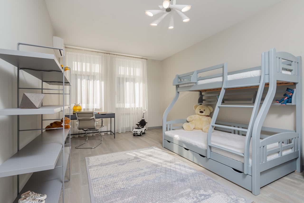bunk bed and metal study desk