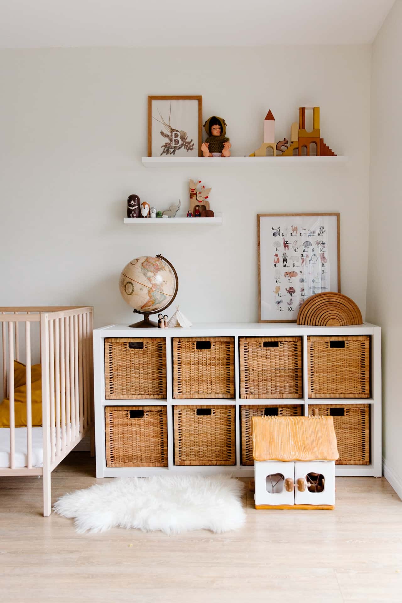 Kids cement cupboard designs with storage baskets for toys and essentials