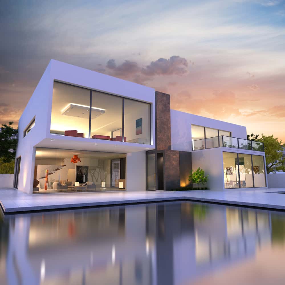 Luxury elevation glass designs with floor-to-ceiling windows and pool reflections at sunset