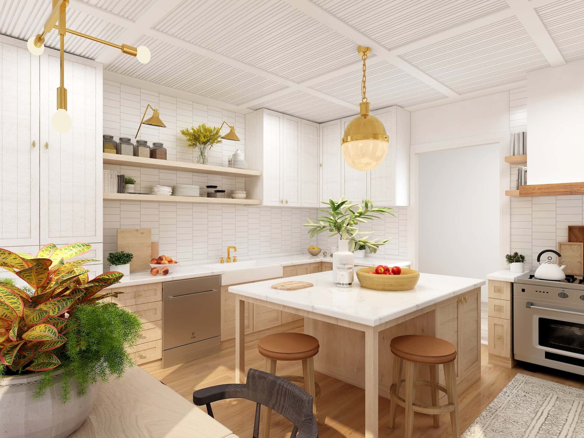 Bright kitchen with modern wall moulding designs, white cabinets, and gold pendant lighting