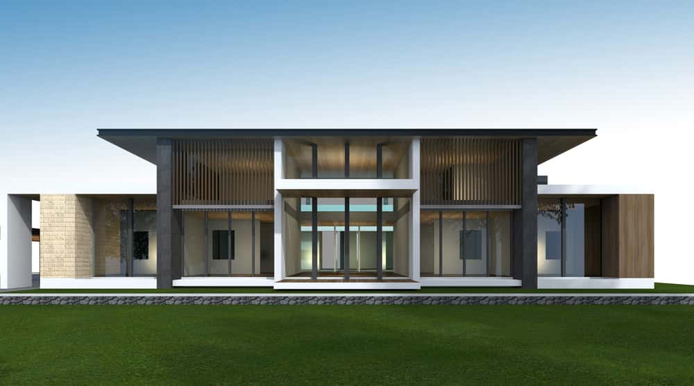 Symmetrical elevation glass designs with full-height windows and wooden louver accents