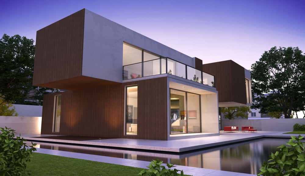 Modern box-style elevation glass designs with cantilever structure and balcony railings