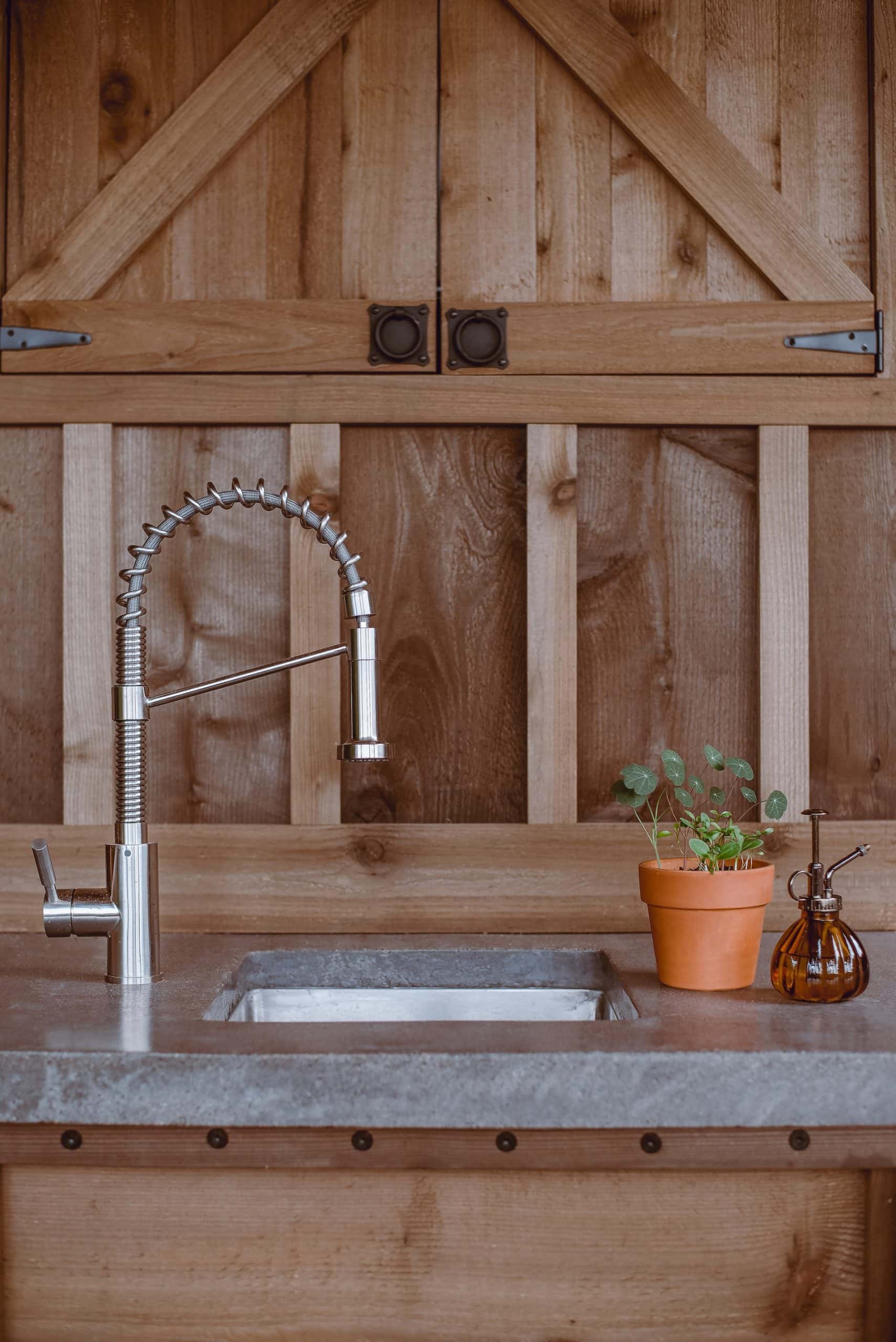 Farmhouse kitchen sink design with potted plant and steel tap