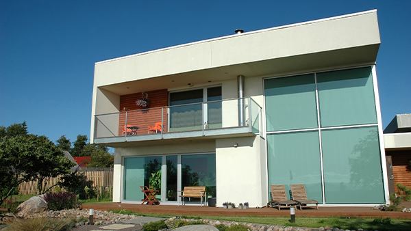 Modern elevation glass designs with balcony seating and full-height frosted glass windows