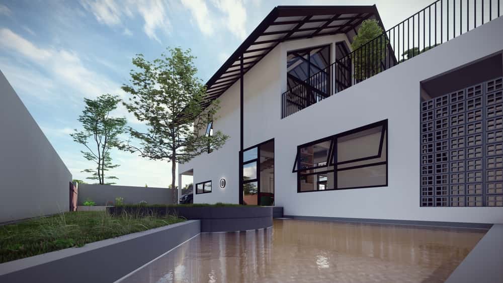 Compact elevation glass designs with black casement windows and sloped roof style