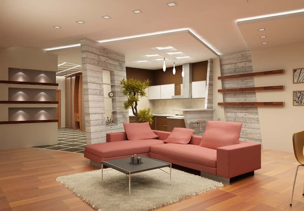 Elegant glass ceiling design with modern open living and kitchen layout