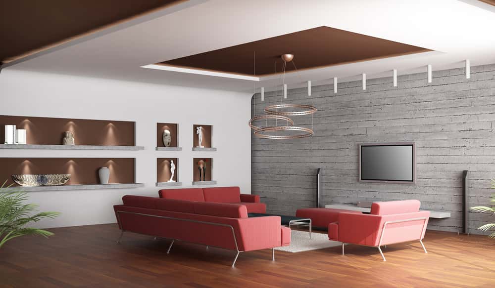 Elegant glass ceiling design in a chic modern living space with red accents