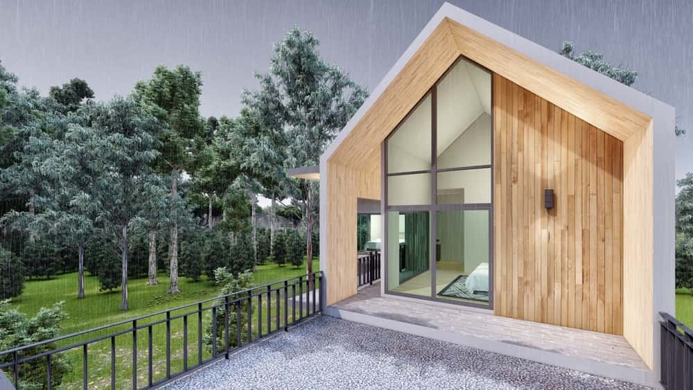 Compact elevation glass designs with pitched roof and large window for scenic forest views