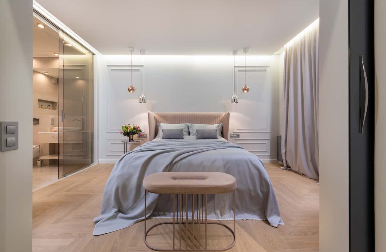 Minimalist bedroom setup with soft tones and elegant fiber ceiling designs