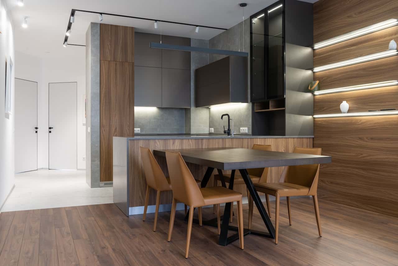 Contemporary kitchen with wood accents and sleek kitchen modular designs in a cozy setting