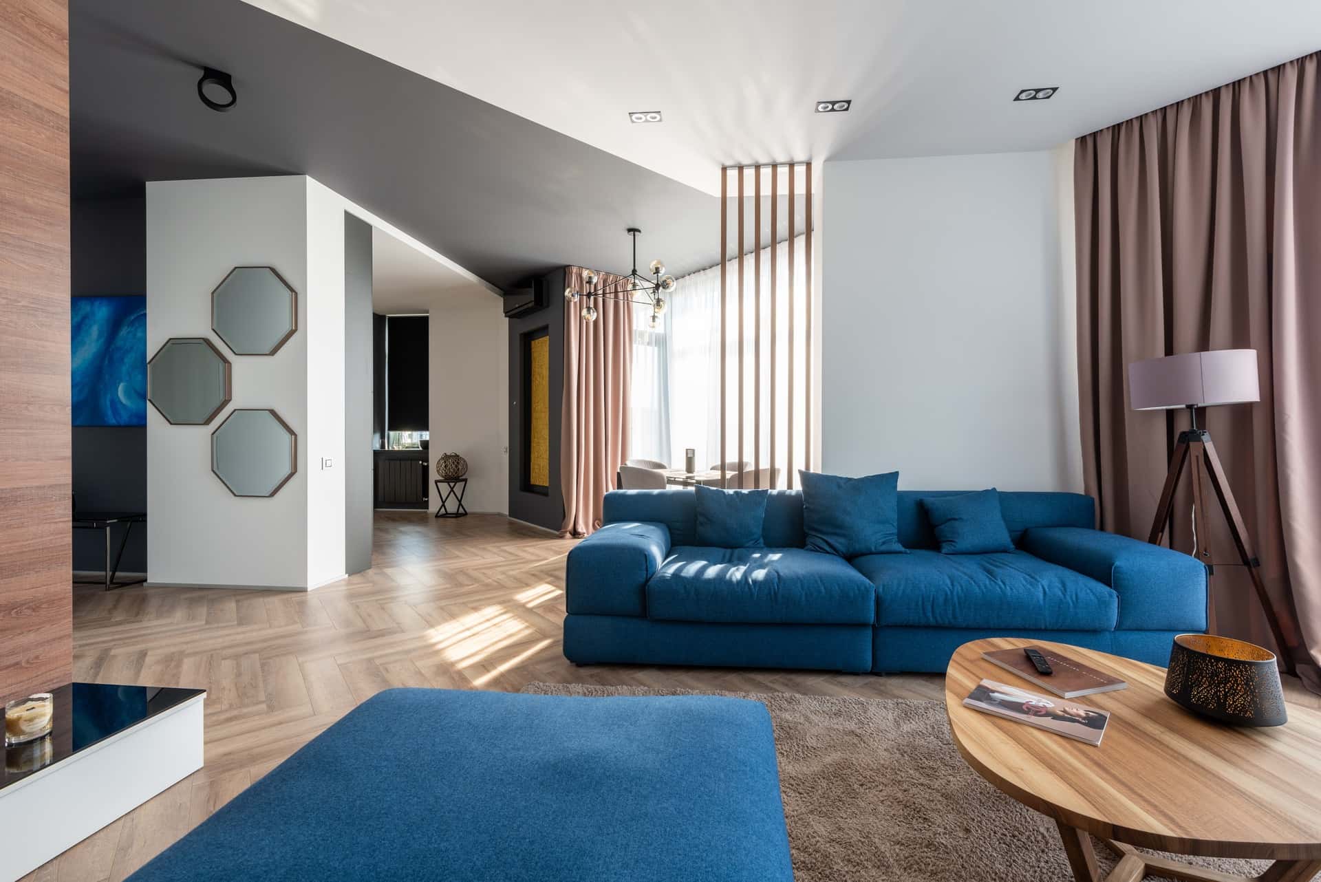 living room design with a partition curtain