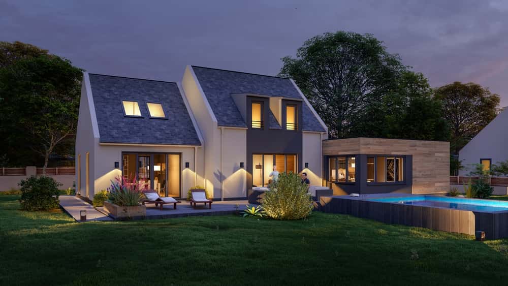 Cosy elevation glass designs with gable roof and warm lighting for garden-facing homes