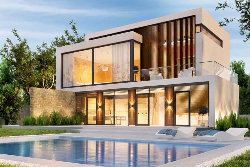 Luxury elevation glass designs with poolside view and modern villa architecture