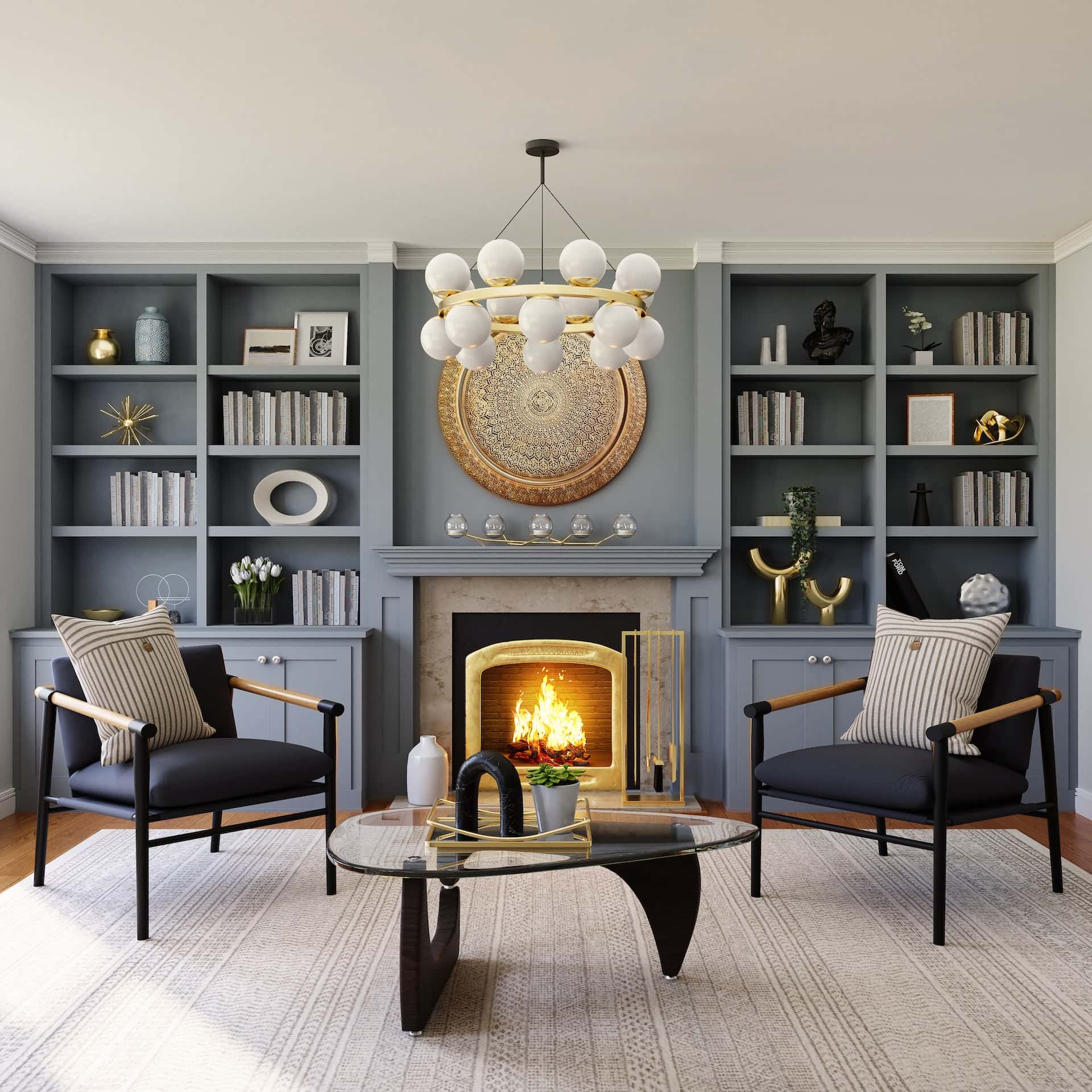 Elegant living room with fireplace, blue wall moulding designs, and gold decor accents