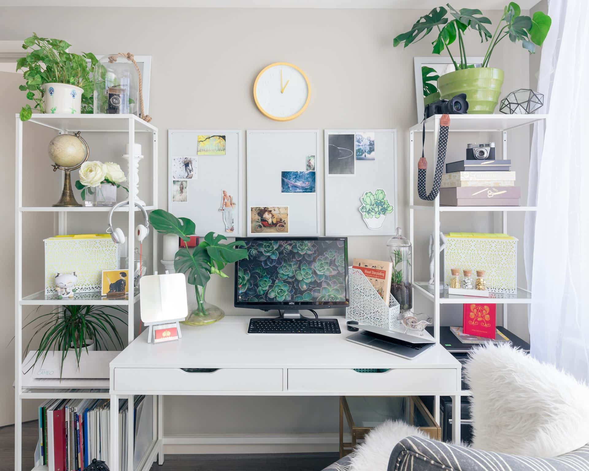 modern study table with open showcases