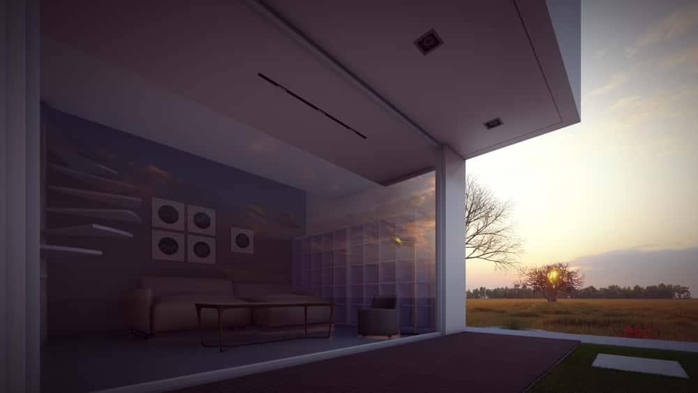 Minimal elevation glass designs with floor-to-ceiling glass wall and scenic outdoor view